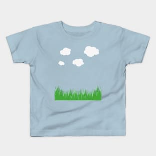 cloud and grass, white clouds green grass blue tee, sky t-shirt, blue sky cloud and grass, retro 8-bit clouds Kids T-Shirt